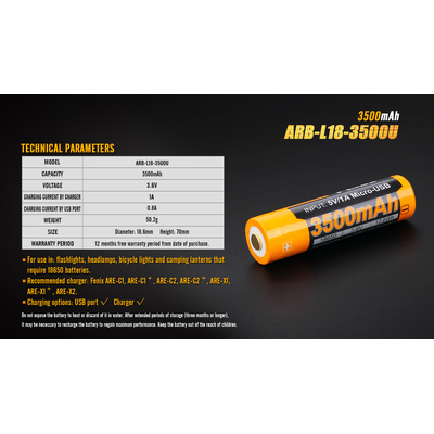 Dobíjecí USB baterie Fenix 18650 3500 mAh (Li-ion)